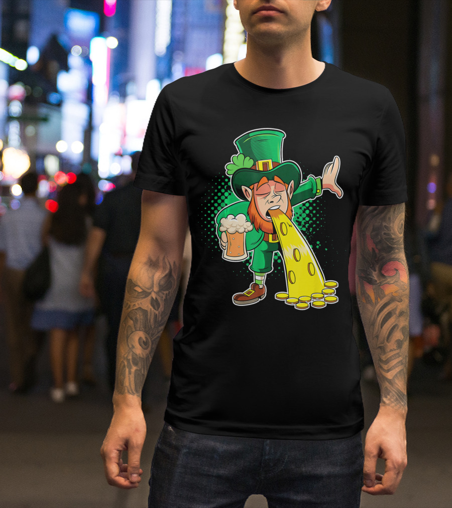 Drunk Leprechaun Puking Gold Coins And Beer Mug T-Shirt