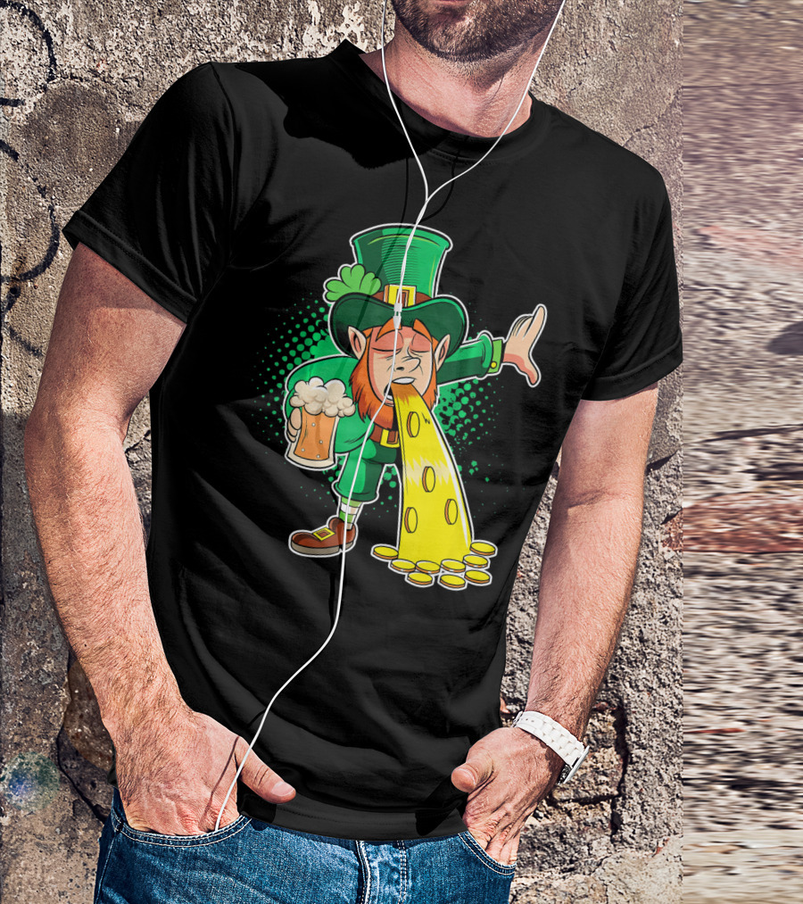 Drunk Leprechaun Puking Gold Coins And Beer Mug T-Shirt