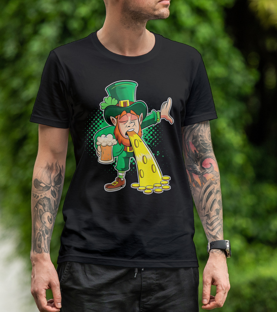 Drunk Leprechaun Puking Gold Coins And Beer Mug T-Shirt