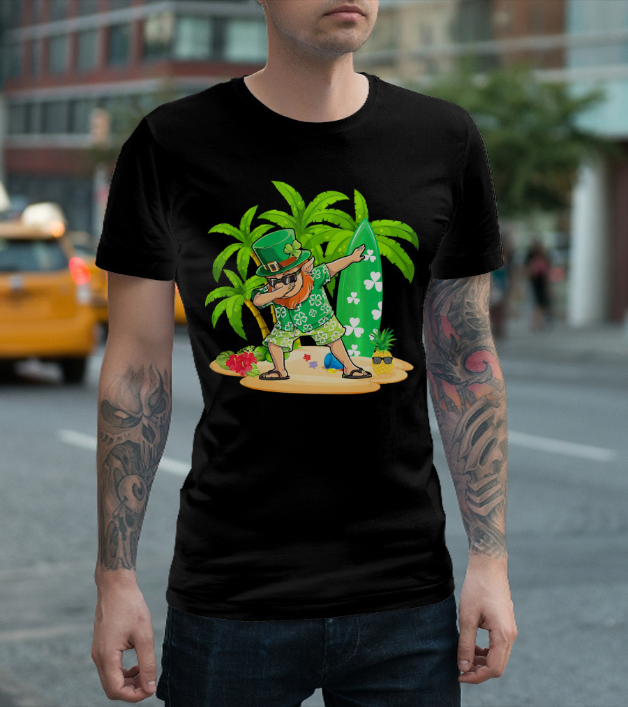 Leprechaun Dabbing on Tropical Beach with Surfboard and Hibiscus Flowers T-Shirt