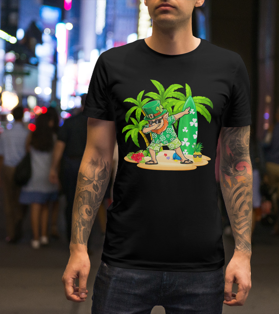 Leprechaun Dabbing On Tropical Beach With Surfboard And Hibiscus Flowers T-Shirt