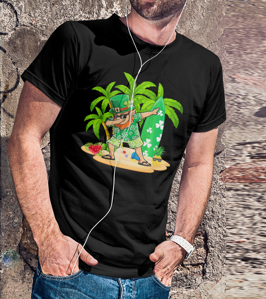 Leprechaun Dabbing On Tropical Beach With Surfboard And Hibiscus Flowers T-Shirt