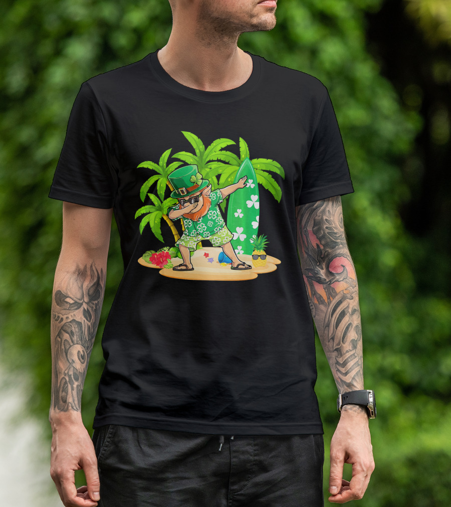 Leprechaun Dabbing On Tropical Beach With Surfboard And Hibiscus Flowers T-Shirt