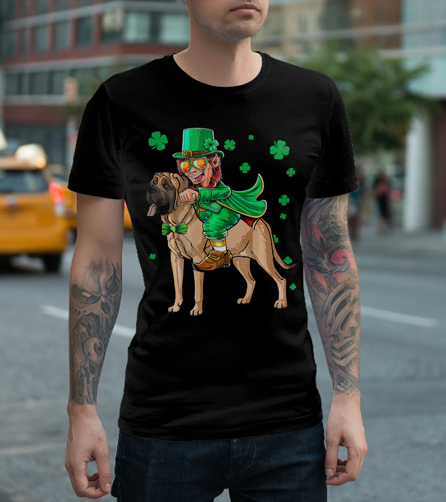 Leprechaun Riding English Mastiff with Shamrocks T-Shirt