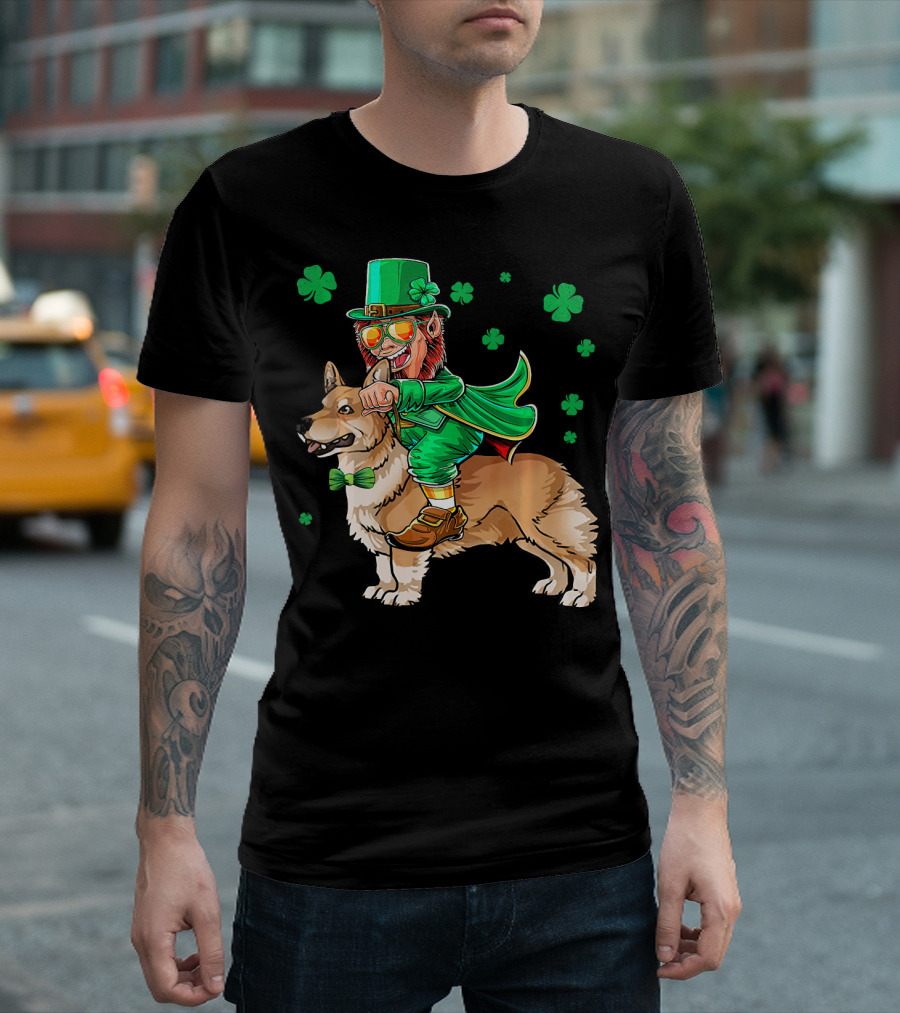 Leprechaun Riding Pembroke Welsh Corgi with Shamrocks T-Shirt
