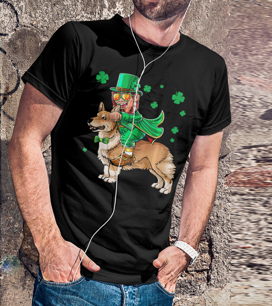 Leprechaun Riding Pembroke Welsh Corgi With Shamrocks T-Shirt