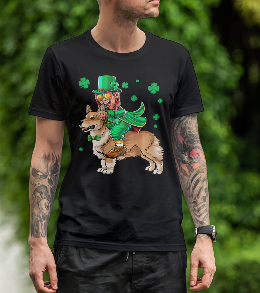 Leprechaun Riding Pembroke Welsh Corgi With Shamrocks T-Shirt