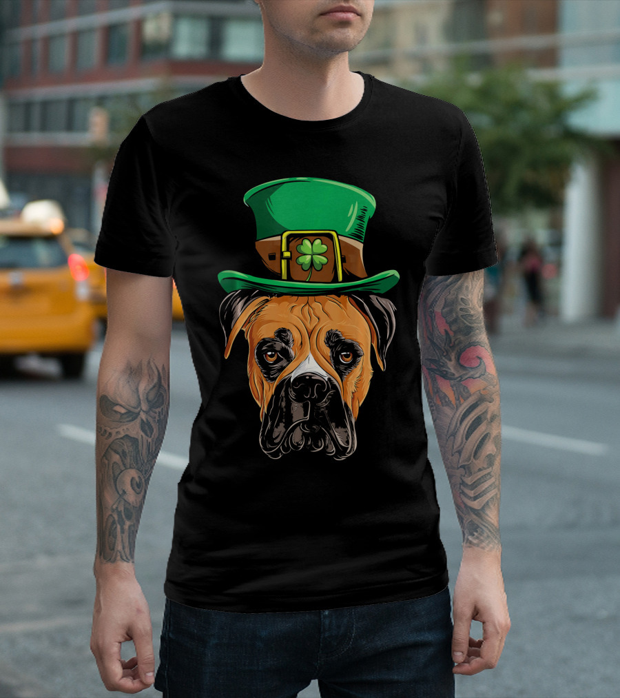 St. Patrick's Day Boxer Dog With Green Top Hat And Shamrock T-Shirt
