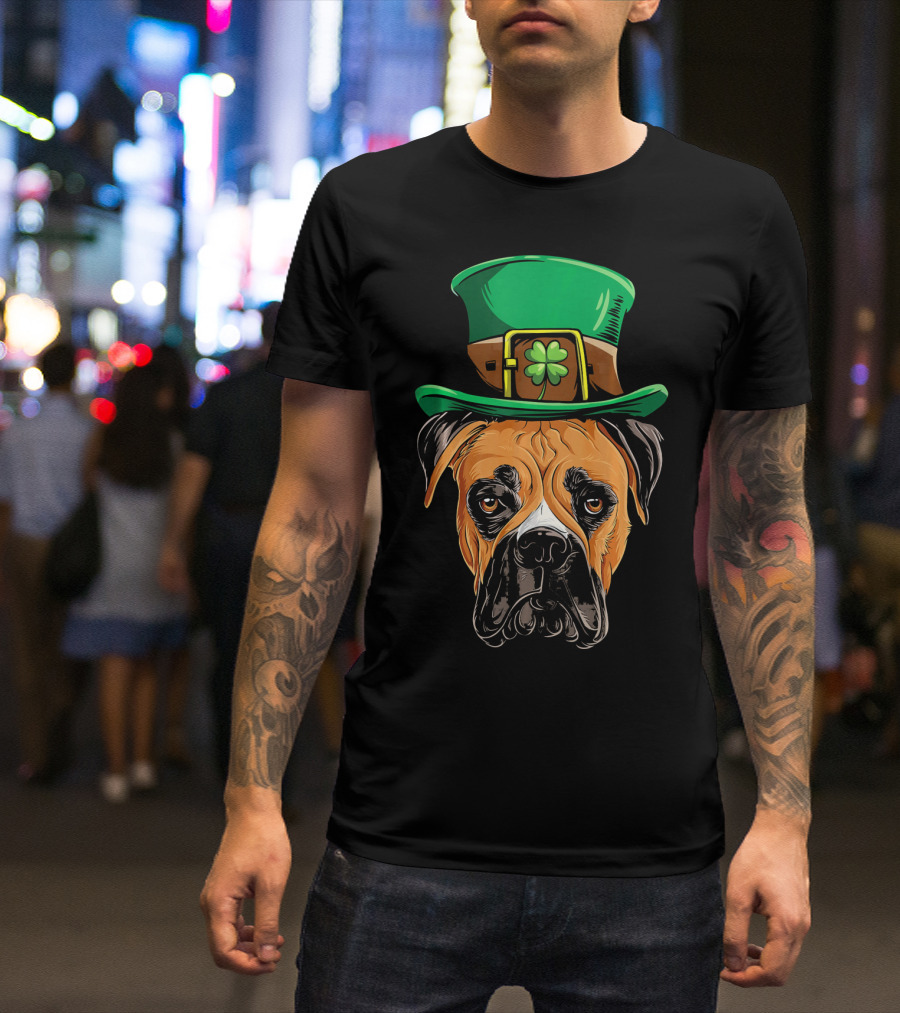 St. Patrick's Day Boxer Dog With Green Top Hat And Shamrock T-Shirt