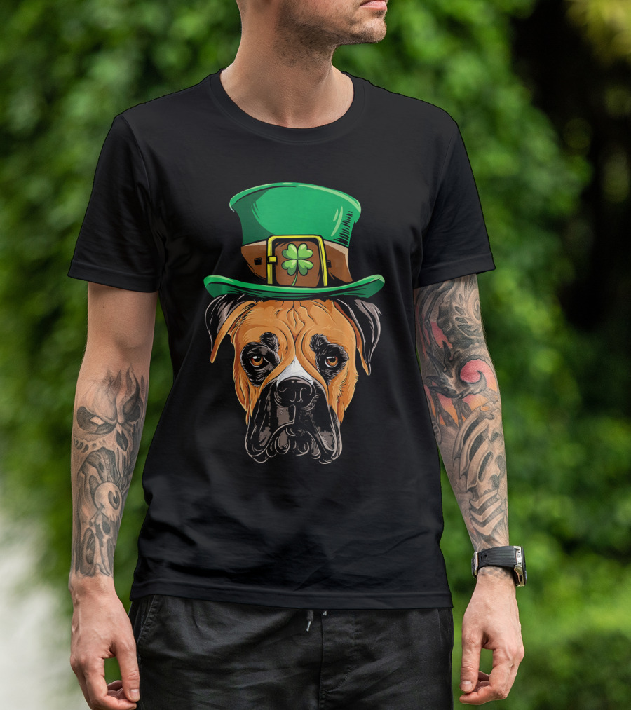 St. Patrick's Day Boxer Dog With Green Top Hat And Shamrock T-Shirt