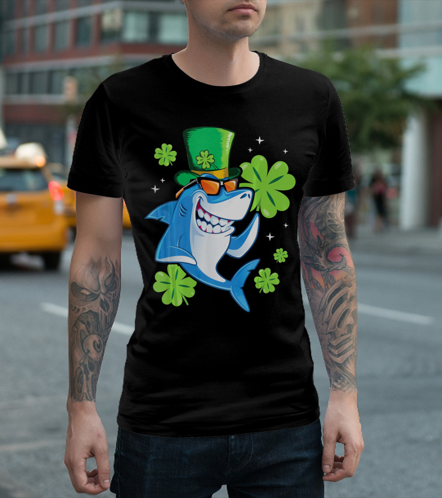 St Patricks Day Shamrock Paddy Shark Top Hat Dancing With Four-Leaf Clovers T-Shirt