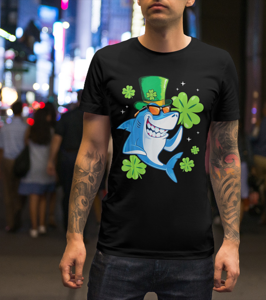 St Patricks Day Shamrock Paddy Shark Top Hat Dancing With Four-Leaf Clovers T-Shirt