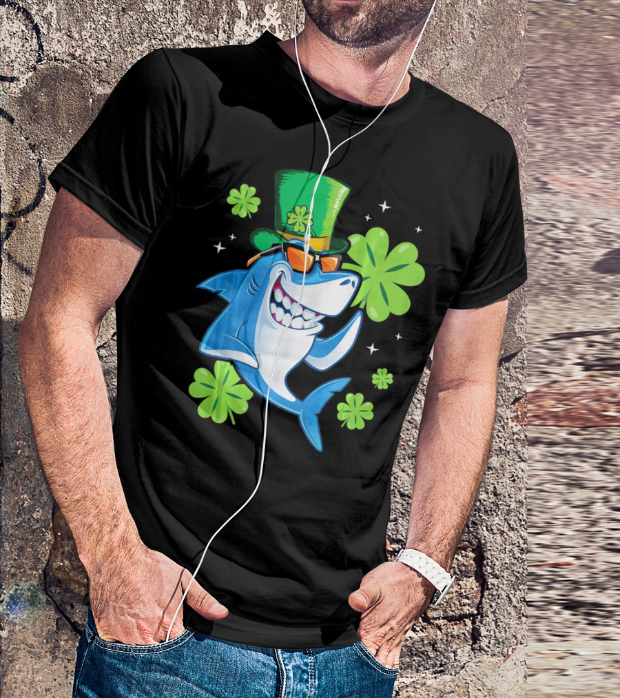 St Patricks Day Shamrock Paddy Shark Top Hat Dancing With Four-Leaf Clovers T-Shirt