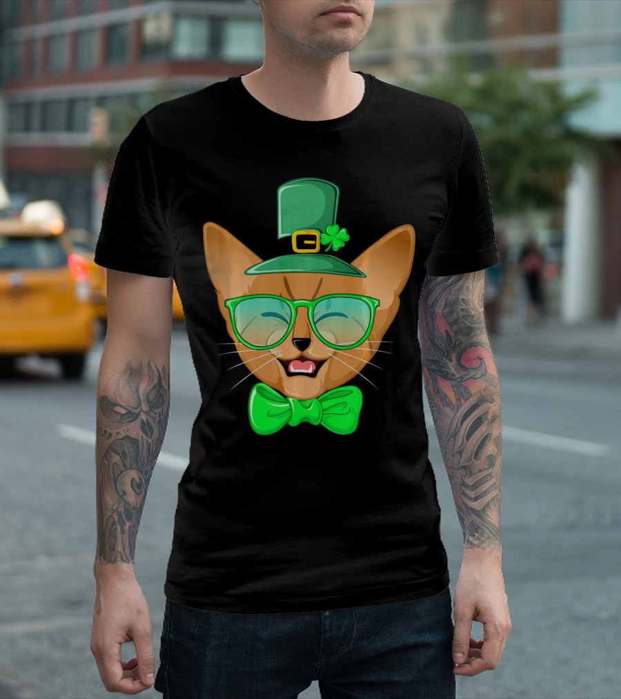 St. Patricks Day Cat Kitty Leprec Leprechaun Hat Green Glasses Bowtie Shamrock T-Shirt