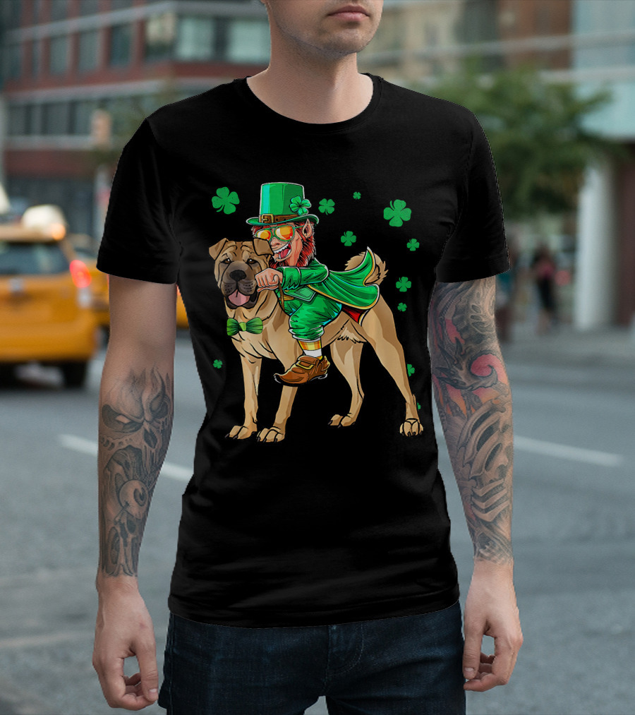 Leprechaun Riding Chinese Shar Pei with Shamrock Bowtie and Hat T-Shirt