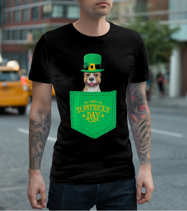 Happy St. Patrick's Day Pitbull Dog In Pocket T-Shirt