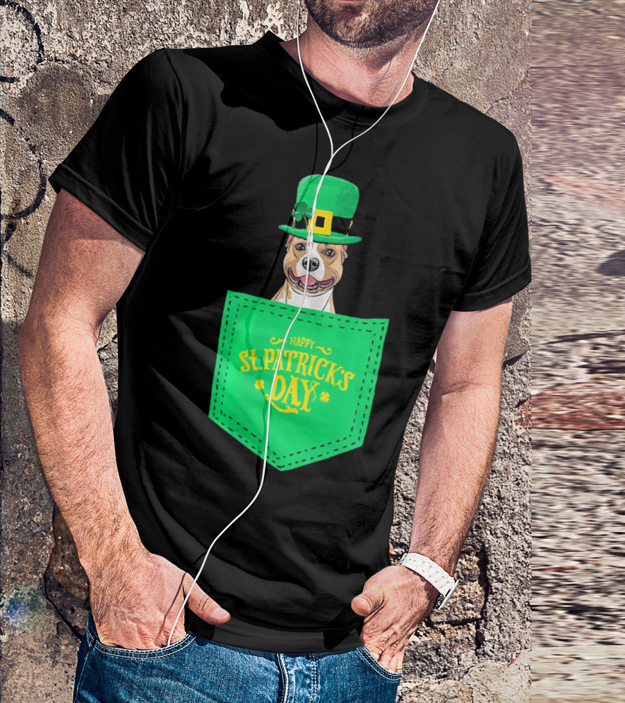 Happy St. Patrick's Day Pitbull Dog In Pocket T-Shirt