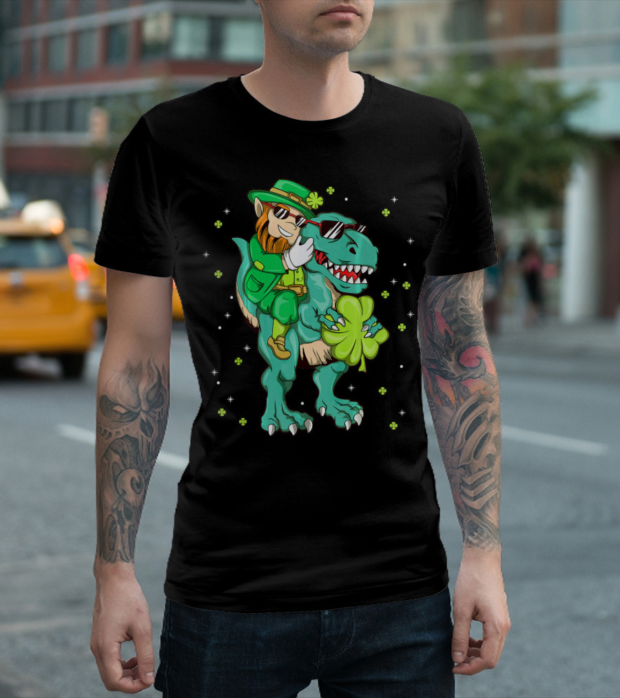 Irish Leprechaun Riding Dinosaur with Clover and Sunglasses T-Shirt