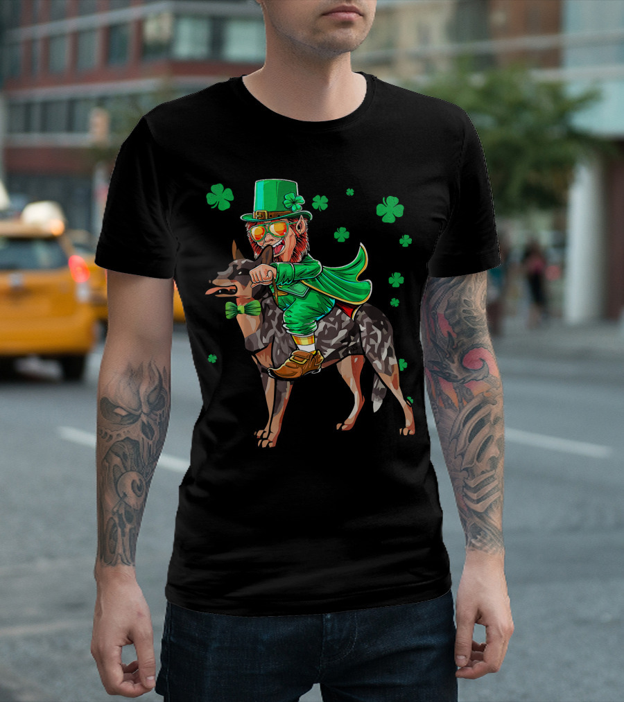 Leprechaun Riding Australian Cattle Dog with Shamrocks T-Shirt