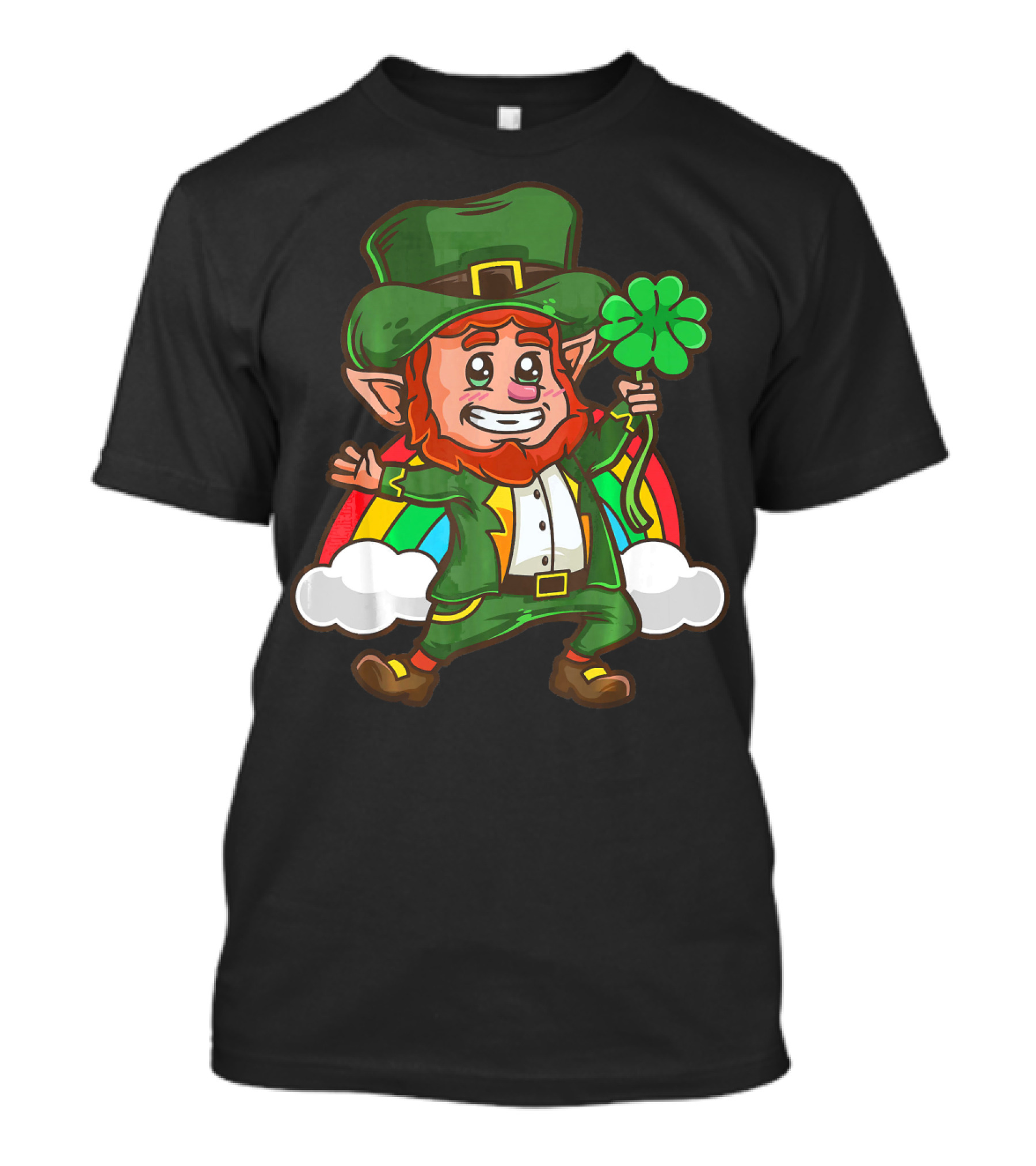 St Patricks Happy Leprechaun Holding Shamrock With Rainbow And Clouds T-Shirt