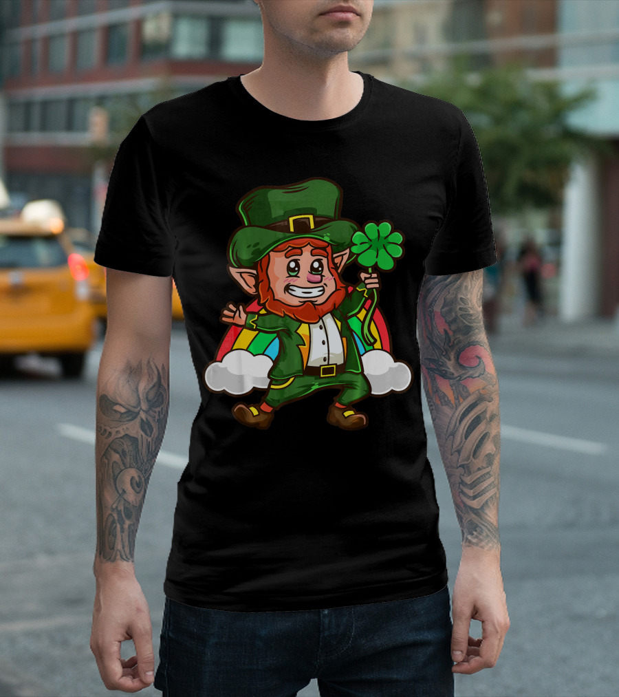 St Patricks Happy Leprechaun Holding Shamrock with Rainbow and Clouds T-Shirt