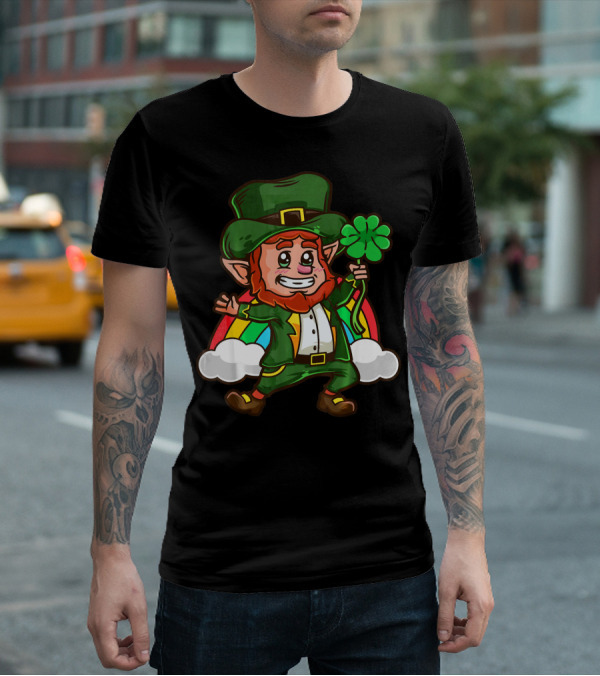St Patricks Happy Leprechaun Holding Shamrock With Rainbow And Clouds T-Shirt