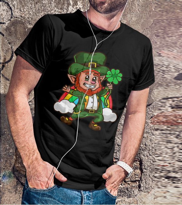 St Patricks Happy Leprechaun Holding Shamrock With Rainbow And Clouds T-Shirt