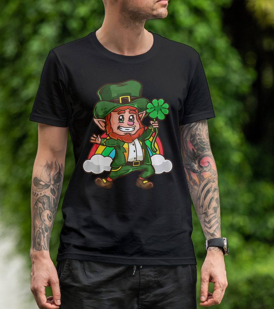 St Patricks Happy Leprechaun Holding Shamrock With Rainbow And Clouds T-Shirt