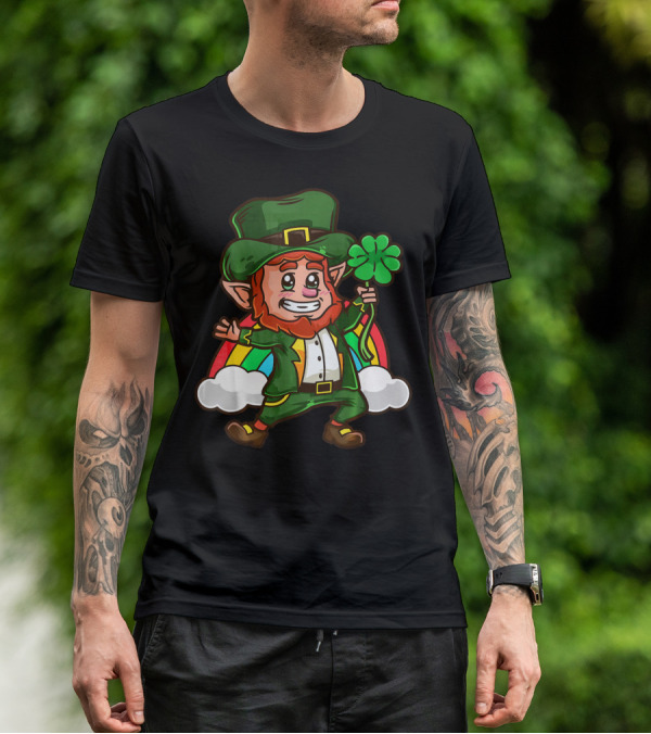 St Patricks Happy Leprechaun Holding Shamrock With Rainbow And Clouds T-Shirt