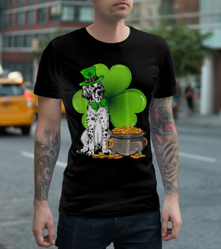 English Setter St Patricks Day Leprechaun Dog with Clover and Pot of Gold T-Shirt