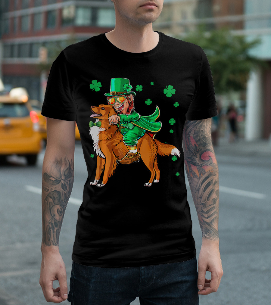 Leprechaun Riding Nova Scotia Duck Tolling Retriever With Shamrocks T-Shirt
