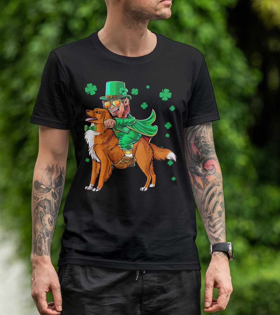 Leprechaun Riding Nova Scotia Duck Tolling Retriever With Shamrocks T-Shirt