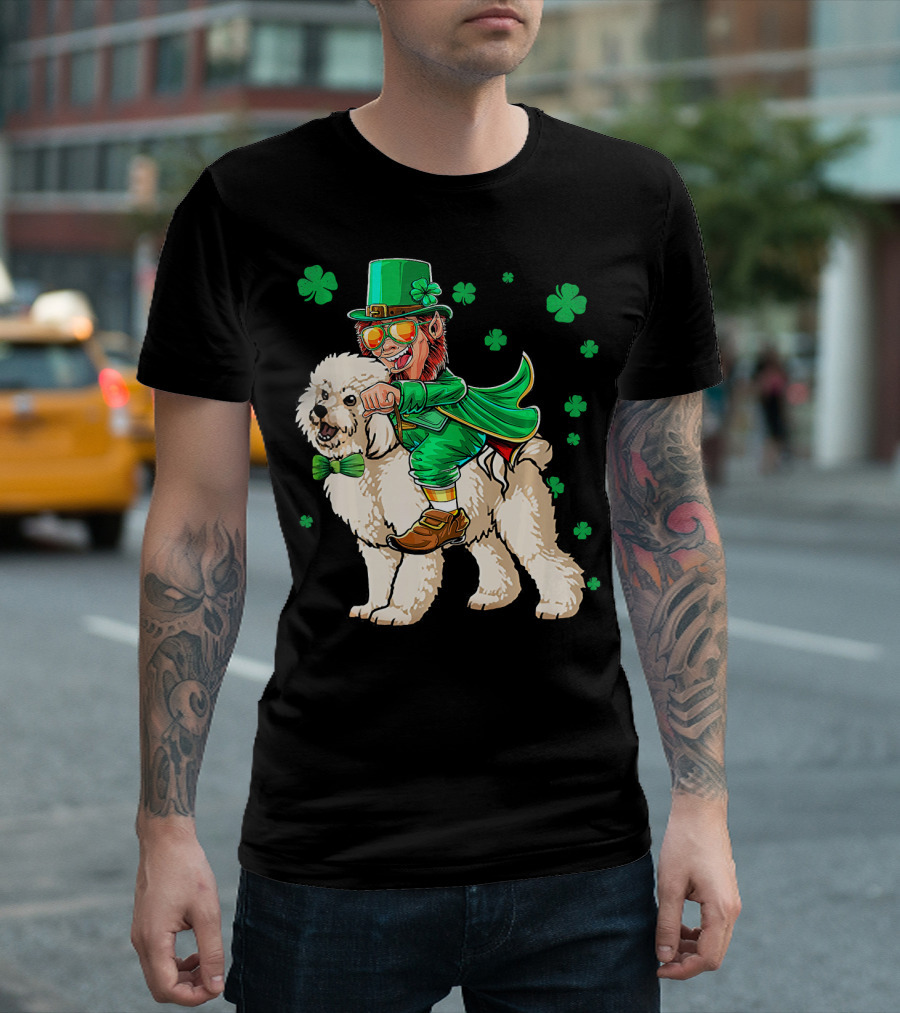 Leprechaun Riding Bichon Frise with Shamrock St. Pat's Day Charm T-Shirt