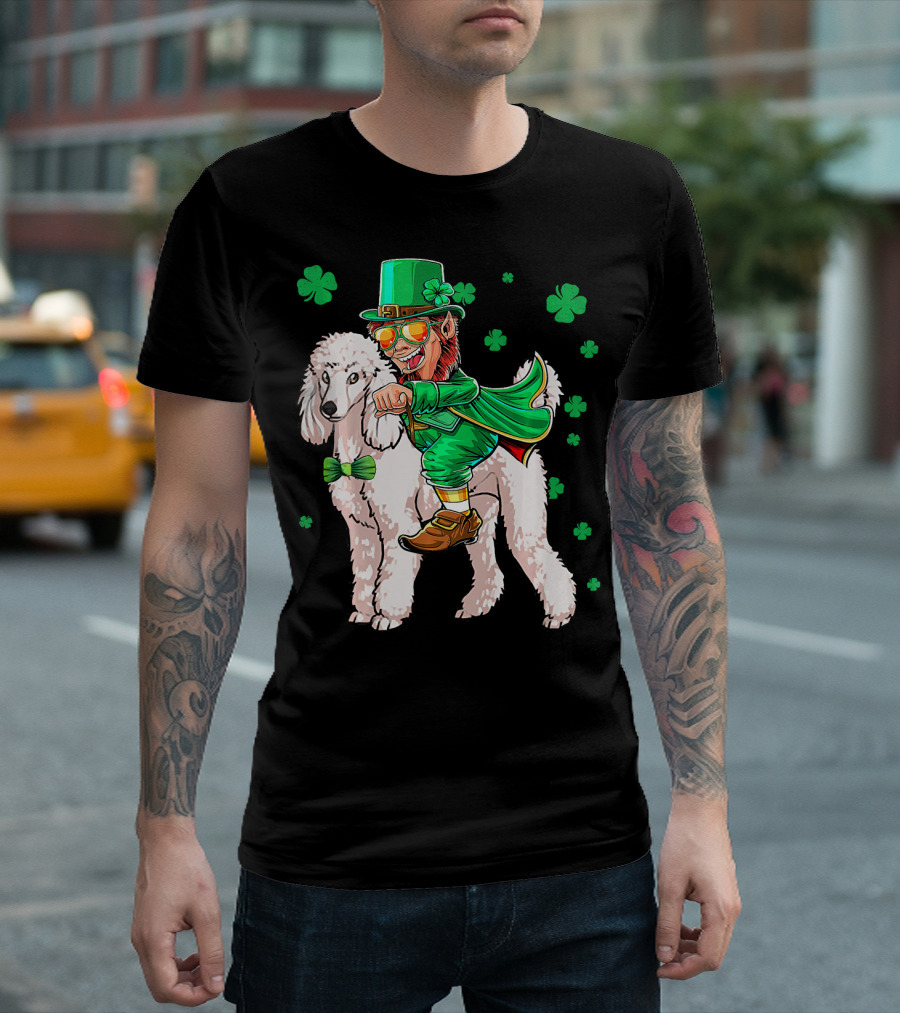 Leprechaun Riding Poodle with Shamrocks St. Patrick's Day T-Shirt