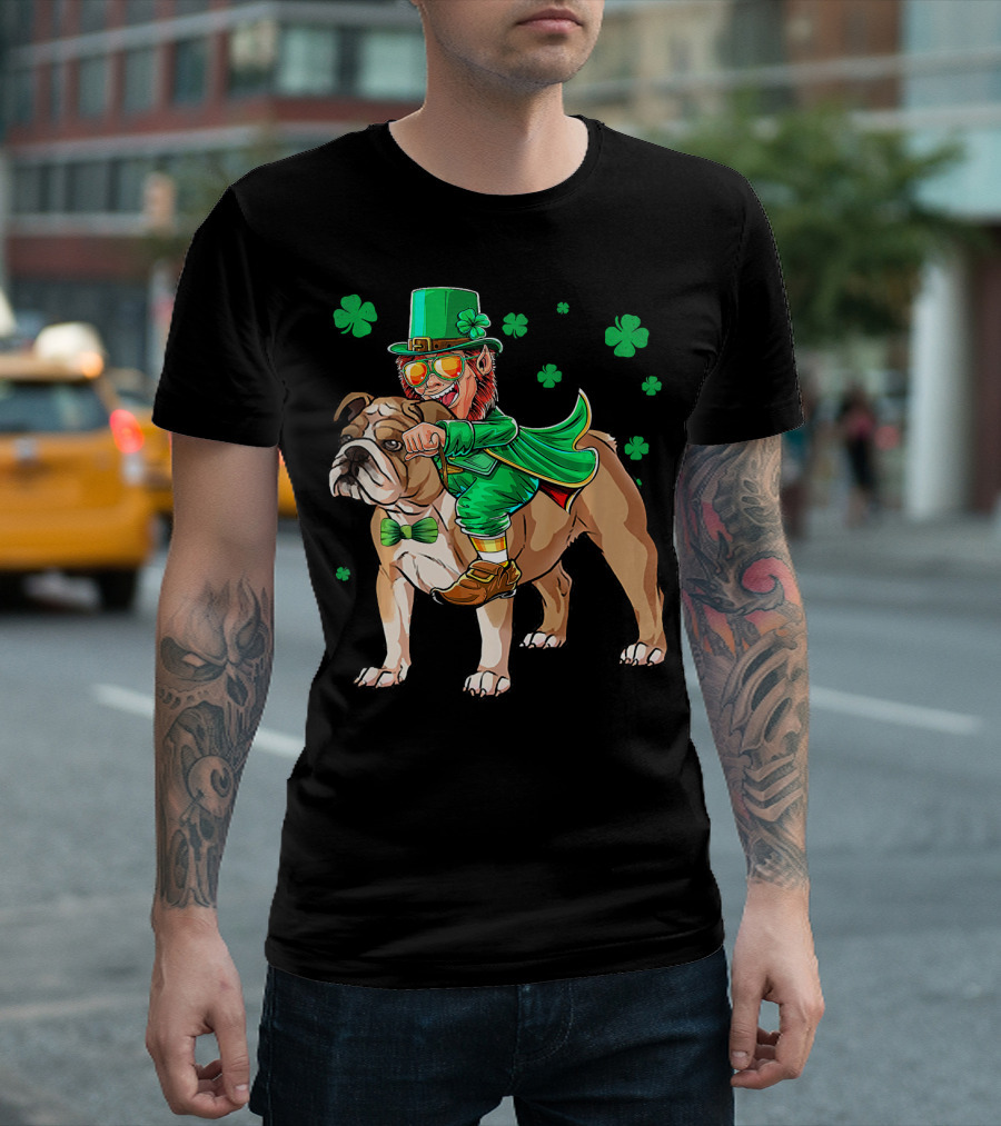 Leprechaun Riding English Bulldog with Shamrocks T-Shirt
