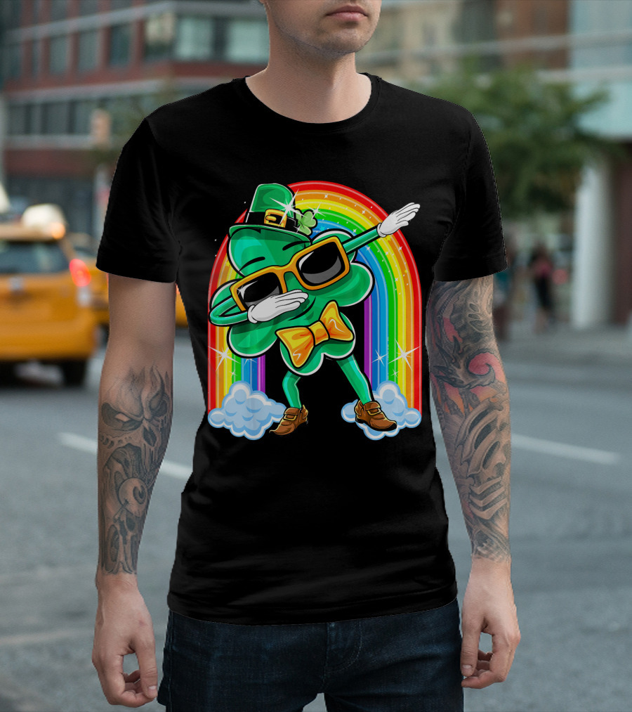 Dabbing St. Patricks Day Shamrock Leprechaun With Rainbow T-Shirt