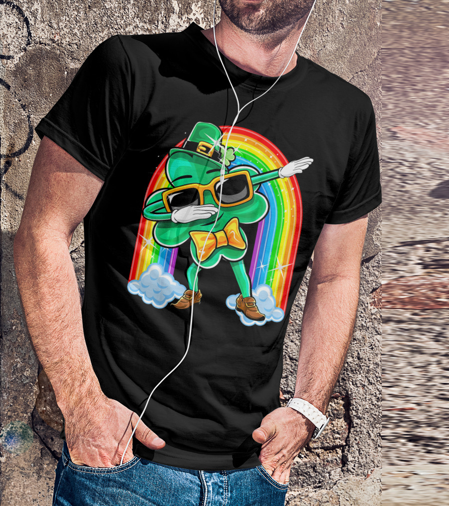 Dabbing St. Patricks Day Shamrock Leprechaun With Rainbow T-Shirt