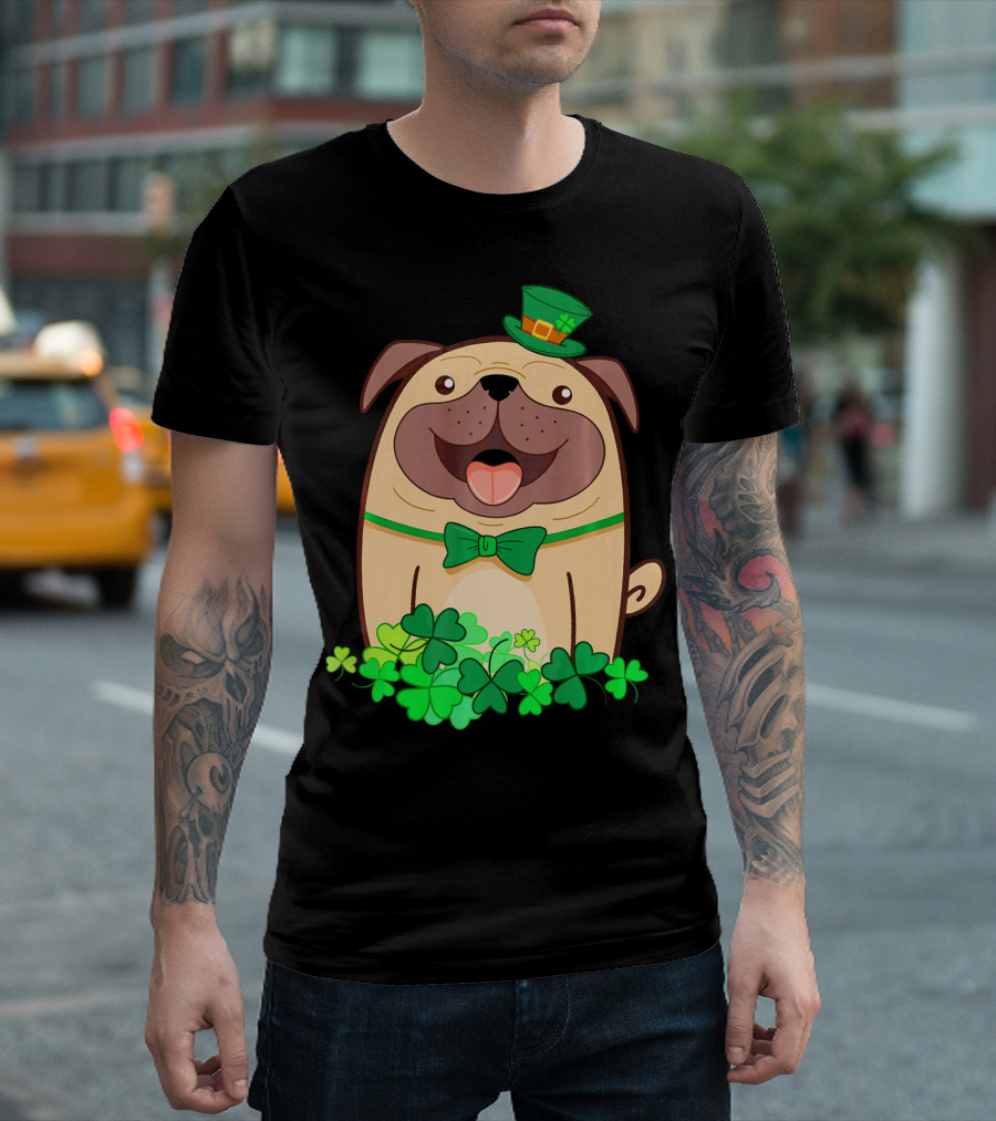 Cute Pug with Leprechaun Hat and Shamrocks T-Shirt