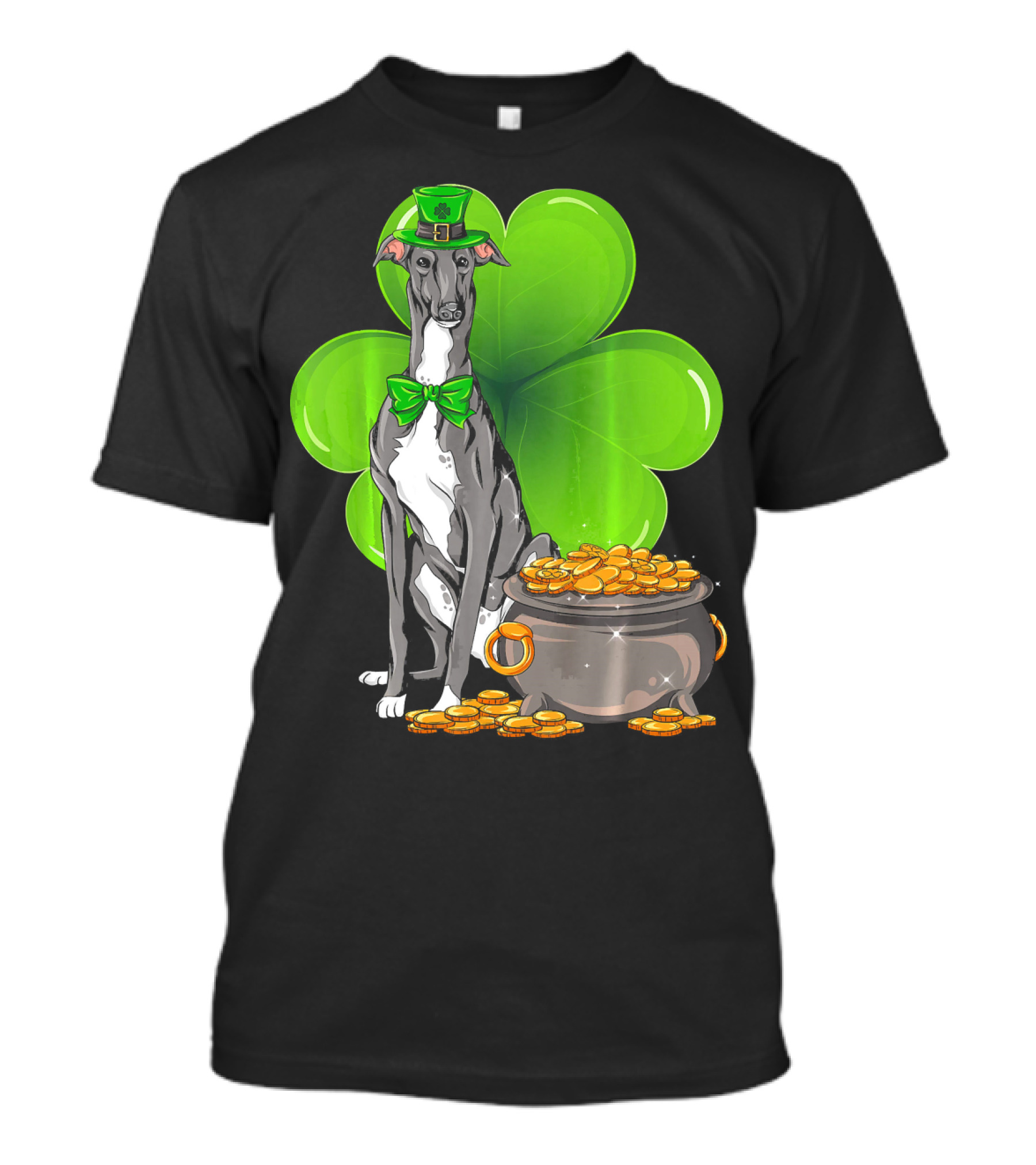 Greyhound St Patricks Day Leprechaun Dog With Shamrock And Pot Of Gold T-Shirt