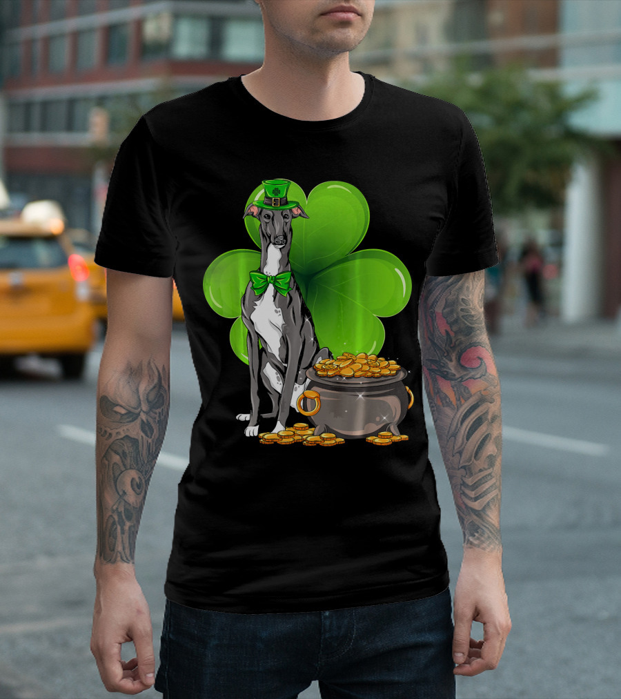 Greyhound St Patricks Day Leprechaun Dog with Shamrock and Pot of Gold T-Shirt