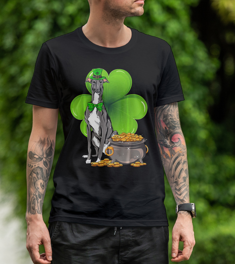 Greyhound St Patricks Day Leprechaun Dog With Shamrock And Pot Of Gold T-Shirt