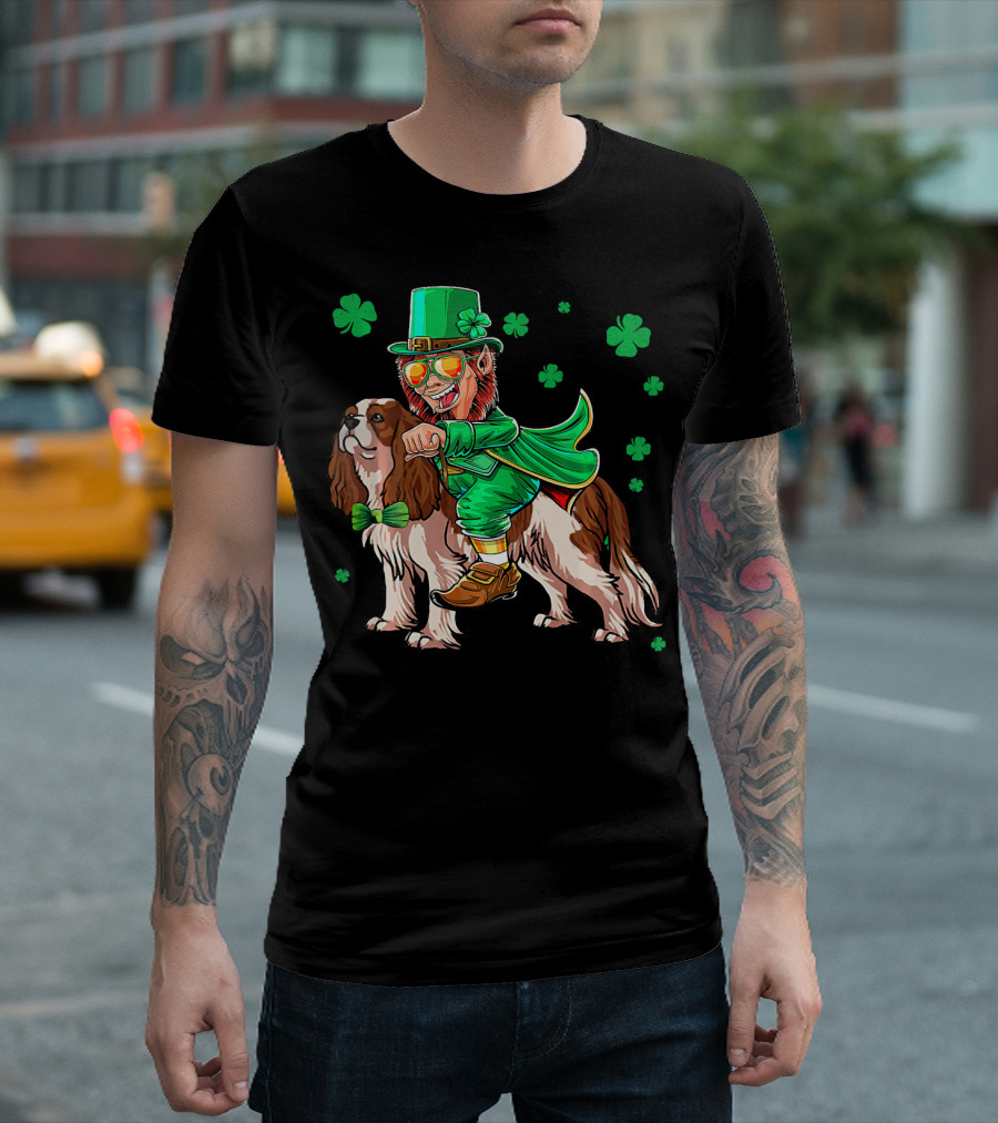 Leprechaun Riding Cavalier King Charles Spaniel with Shamrocks T-Shirt