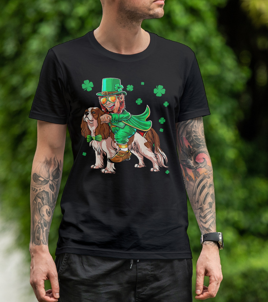 Leprechaun Riding Cavalier King Charles Spaniel With Shamrocks T-Shirt