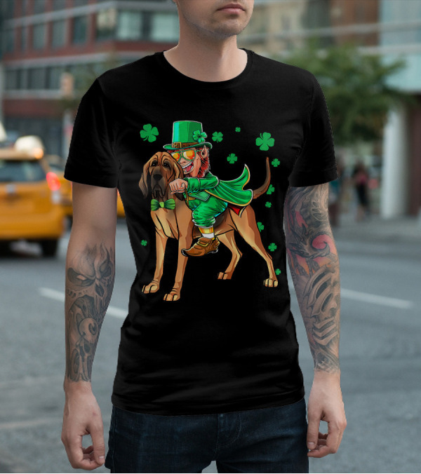 Leprechaun Riding Bloodhound Shamrock St. Patrick's Day T-Shirt