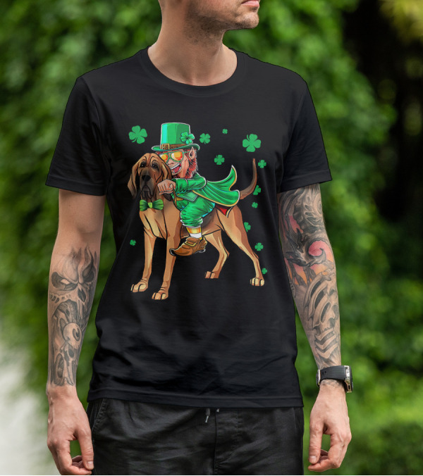 Leprechaun Riding Bloodhound Shamrock St. Patrick's Day T-Shirt