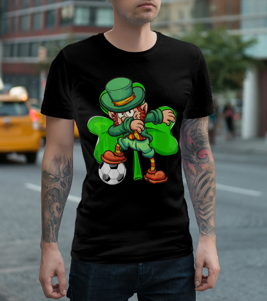 Dabbing Leprechaun Kicking Soccer Ball with Shamrock Background T-Shirt