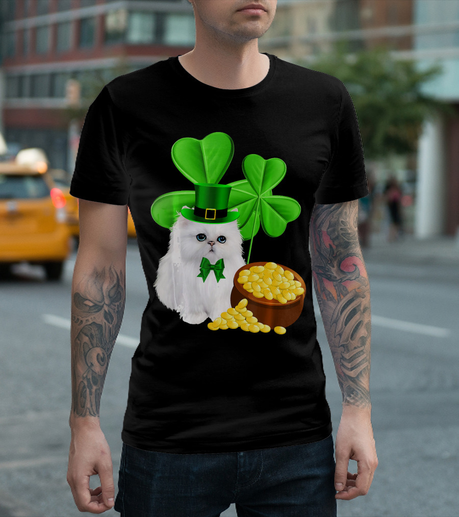 Persian Cat with Leprechaun Hat and Shamrocks St Patricks Day T-Shirt