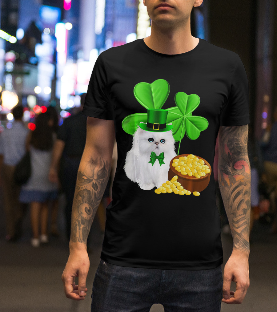 Persian Cat With Leprechaun Hat And Shamrocks St Patricks Day T-Shirt