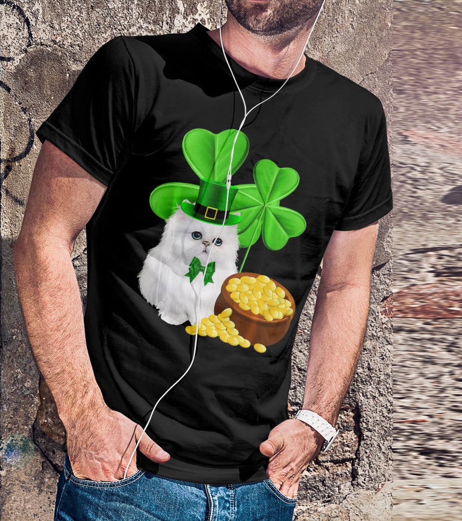 Persian Cat With Leprechaun Hat And Shamrocks St Patricks Day T-Shirt