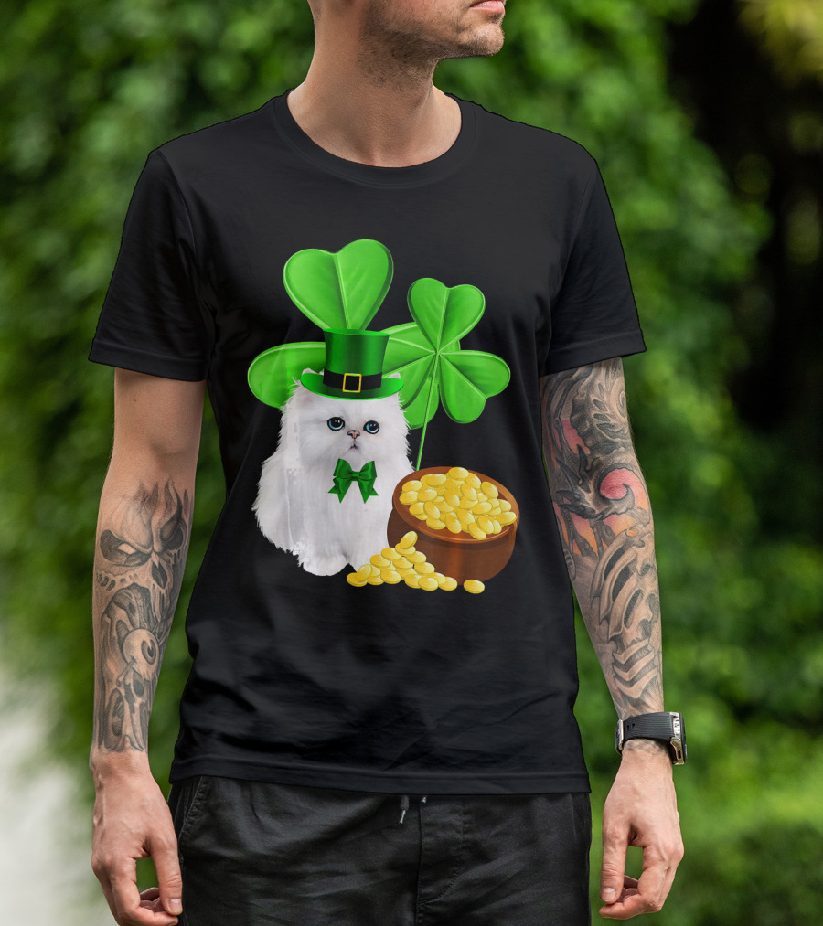 Persian Cat With Leprechaun Hat And Shamrocks St Patricks Day T-Shirt